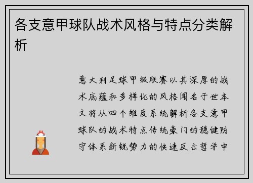 各支意甲球队战术风格与特点分类解析
